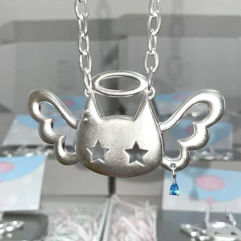 Y2K Jewelry Wing Cat Pendant Necklace for Women Korean Fashion Blue Crystal Star Pendant Necklace Punk Charm Accessories