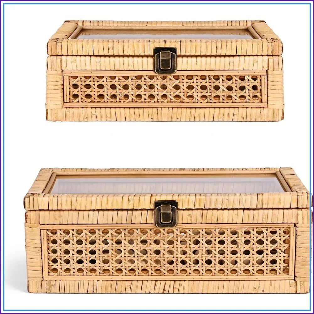 

Set of 2 Rectangular Woven Rattan Decorative Boxes with Glass Lid for Display