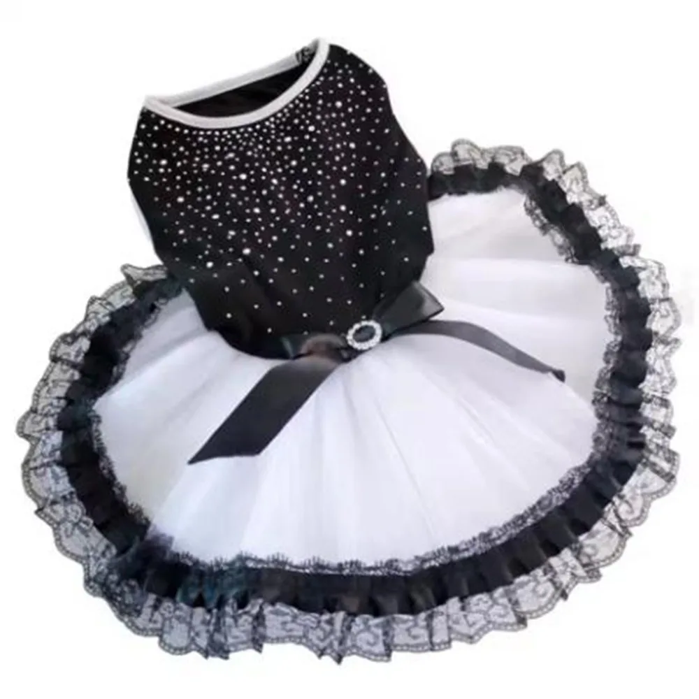 

Black-white Glitter Bow Lace Dog Skirt Formal Diamond Dog Skirts with Lace Trim Pet Wedding Dresses Chihuahua