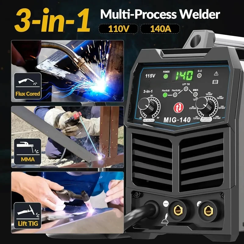 140Amp Welder, 110V Flux Core MIG/Stick/Lift TIG 3 in 1 MultiProcess Welding Machine with Synergy, IGBT Inverter Portable Ga