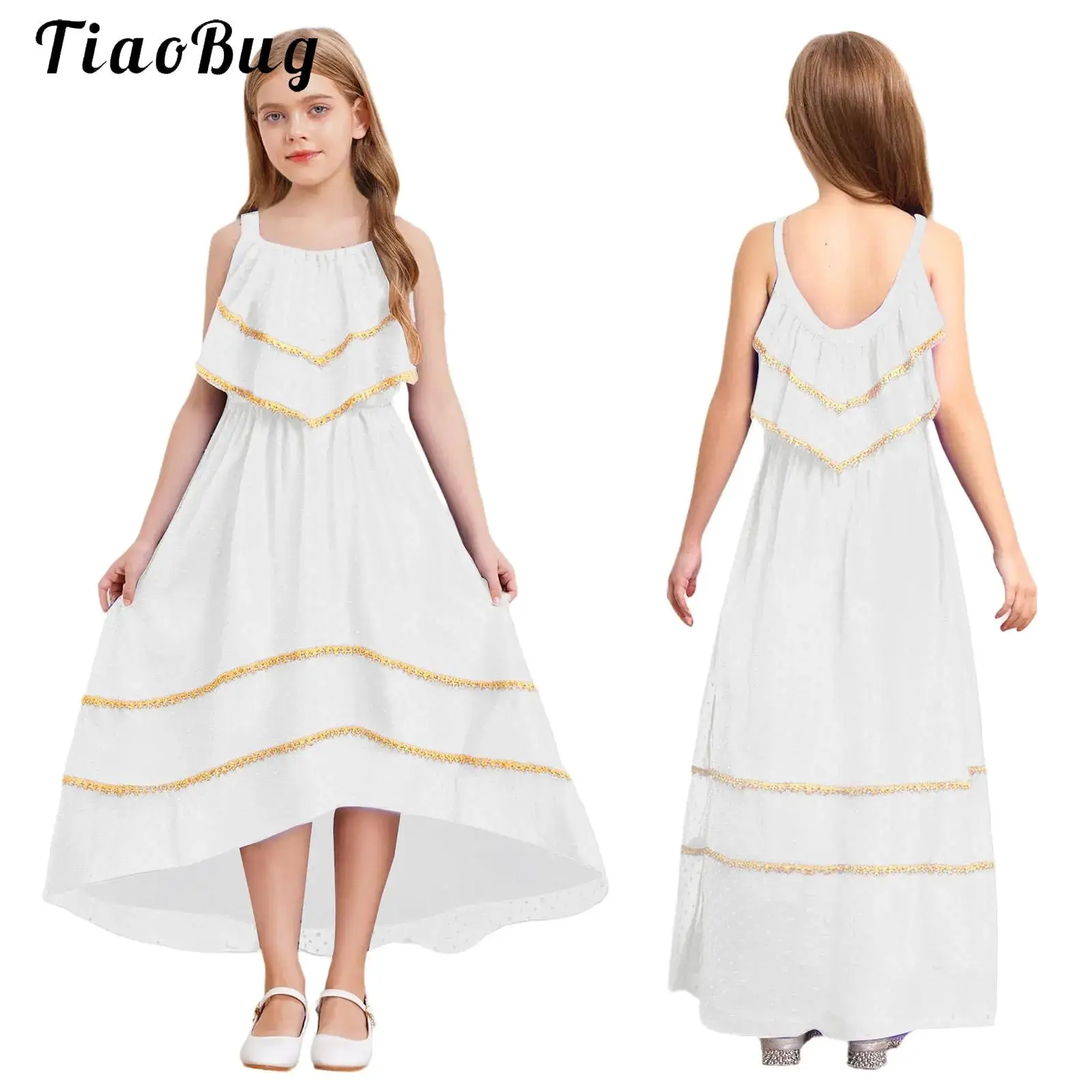 

Girls A-line Summer Dress Sleeveless Asymmetrical Hem Princess Beach Long Dress Vintage Strap Dress for Wedding Party Travel