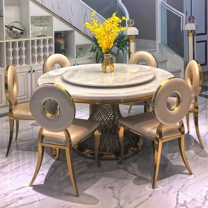 Design European Marble Round Table And Chair Set With Turntable Luxury For Kitchen Dining Room Wedding Party Events