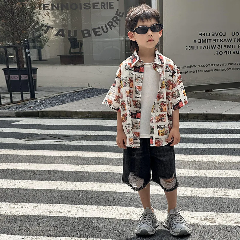 Children Clothing Cartoon Pattern Short Sleeve 2024 Summer New Korean Style Boys Girls Handsome Personality Cartoon Shirt