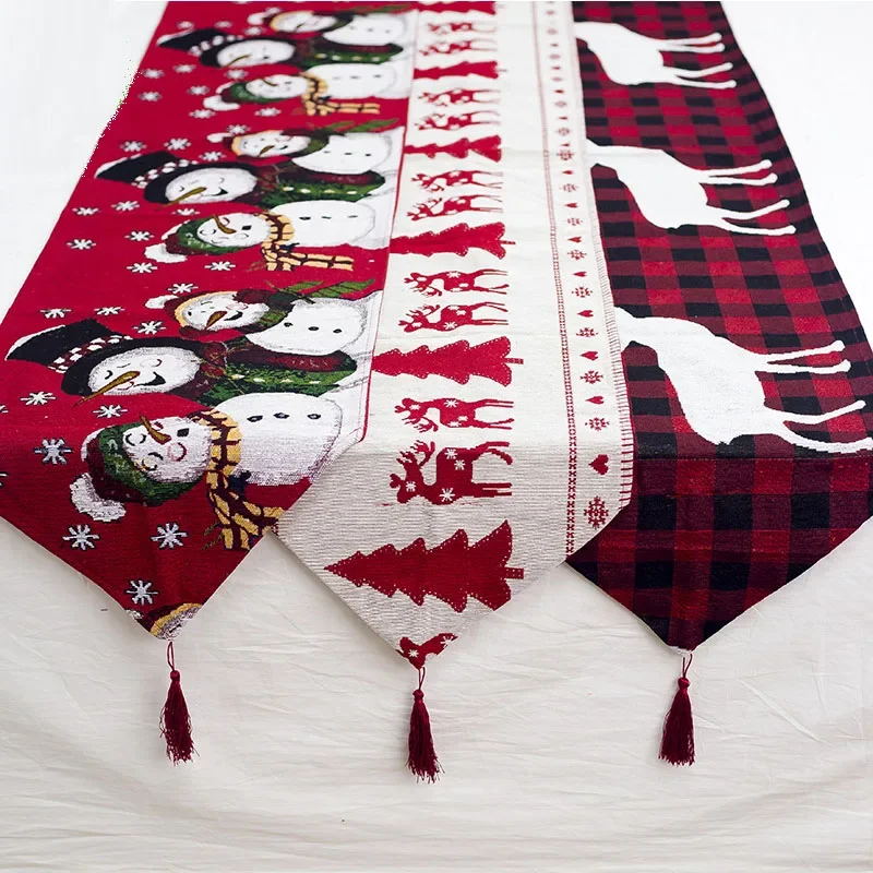 

Christmas Embroidery Table Runner Elk Snowman Fabric For Christmas Tassels Pendant Festive Hotel Dinner Party Decor 35*180CM