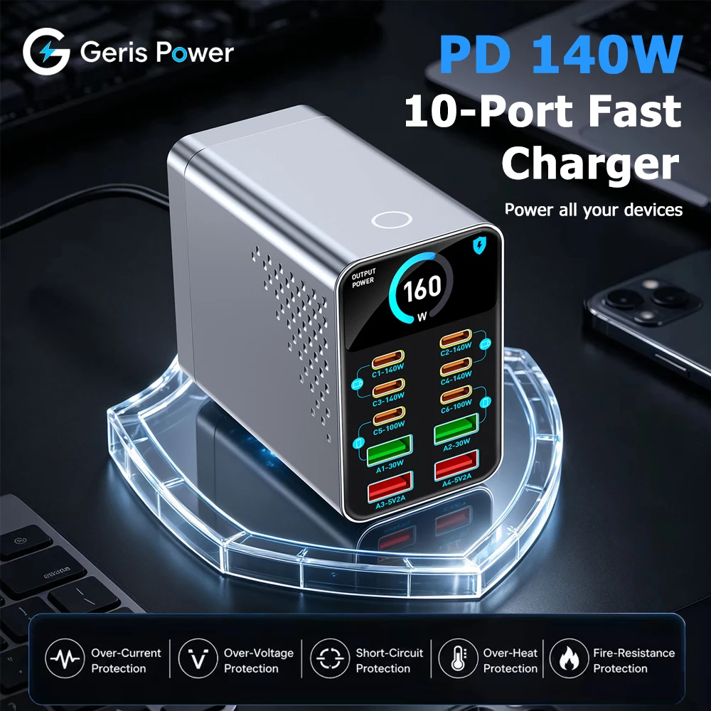 140W GaN Charger Digital Display Fast Charging Adapter 10 in 1 Dekstop Power Station USB Type C PD Charger for iPhone 17 Pro Max