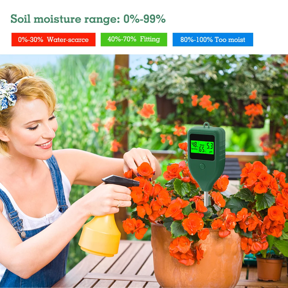 3-in-1 Soil Tester Fertility Humidity PH Meter Digital LCD Backlit Moisture Acidity Sensor for Outdoor Plants Gardening Farming