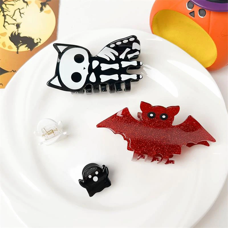 Pince à cheveux en acrylique pour la décoration de fête d'Halloween, Aliments, chauve-souris, fantôme, crâne, requin, griffe, drôle, accessoire de mode, cadeaux mignons, nouveau