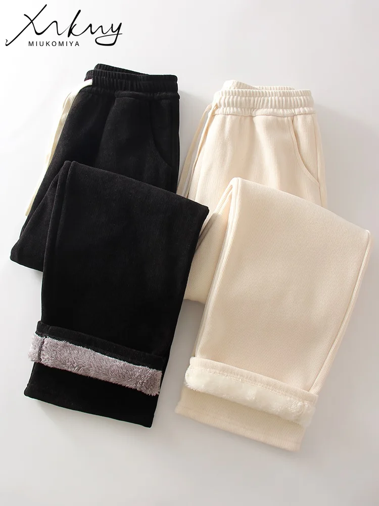 MiuKoMiYa Winter Pants For Women Velvet Thick Warm Beige Wide Leg Loose Trousers Black Women\'s Warm Fleece Pants Women Casual