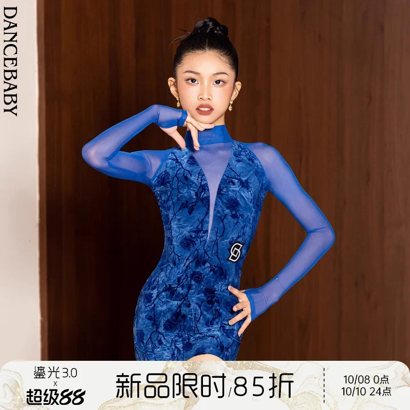 زي الرقص اللاتيني الجديد للفتيات في الخريف، تنورة شرابة زرقاء للرقص اللاتيني للأطفال، زي ممارسة الرقص تشا تشا رومبا سامبا