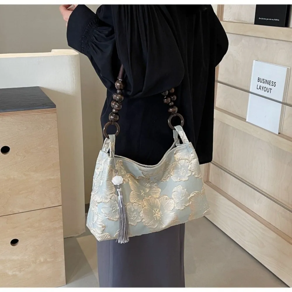 ​Medium Capacity​ Women Embroidered Shoulder Bag​ Hasp Sewing Thread Craft​ ​Adjustable Crossbody Strap​ ​Tassel Pendant Bag​