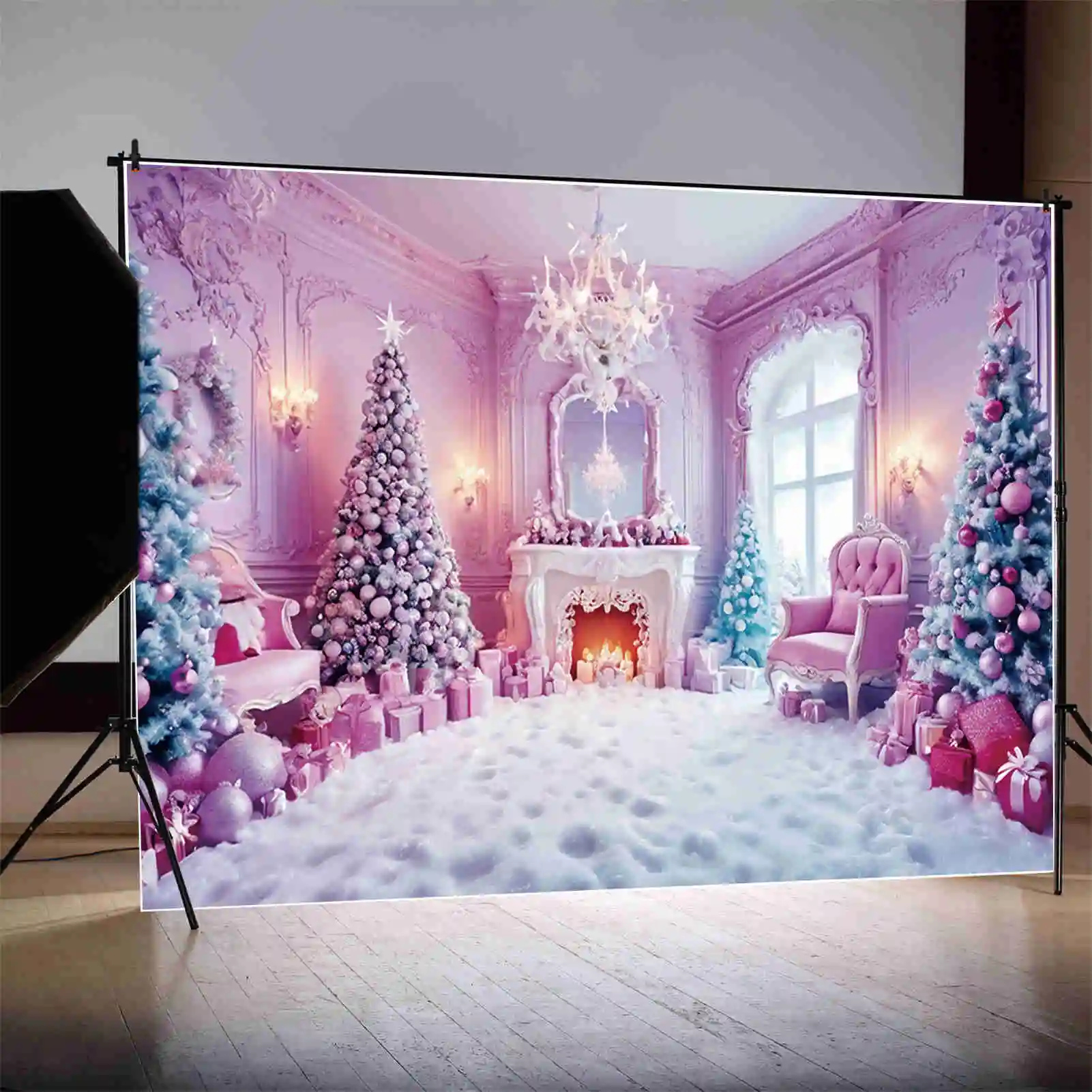 MOON.QG 2025 Christmas Christmas Trees Backdrops Ornamented Room Snow Pine Tree Girls Pink Background Party Photocall Supplies