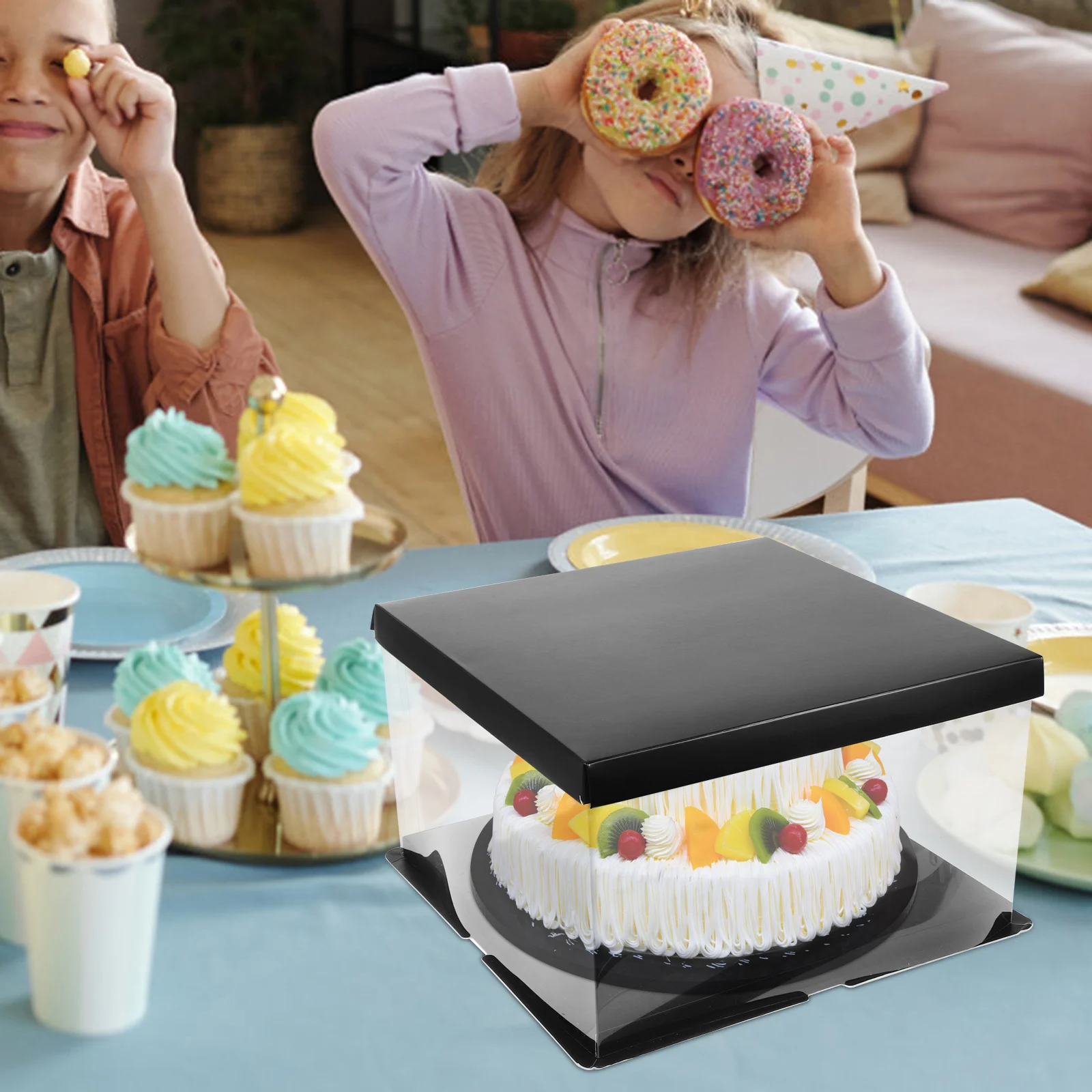 

4 Pcs Transparent Square Cake Boxes Black Paper Single Layer 30x30x18cm Baking Supplies Clear Cake Carrier Packaging
