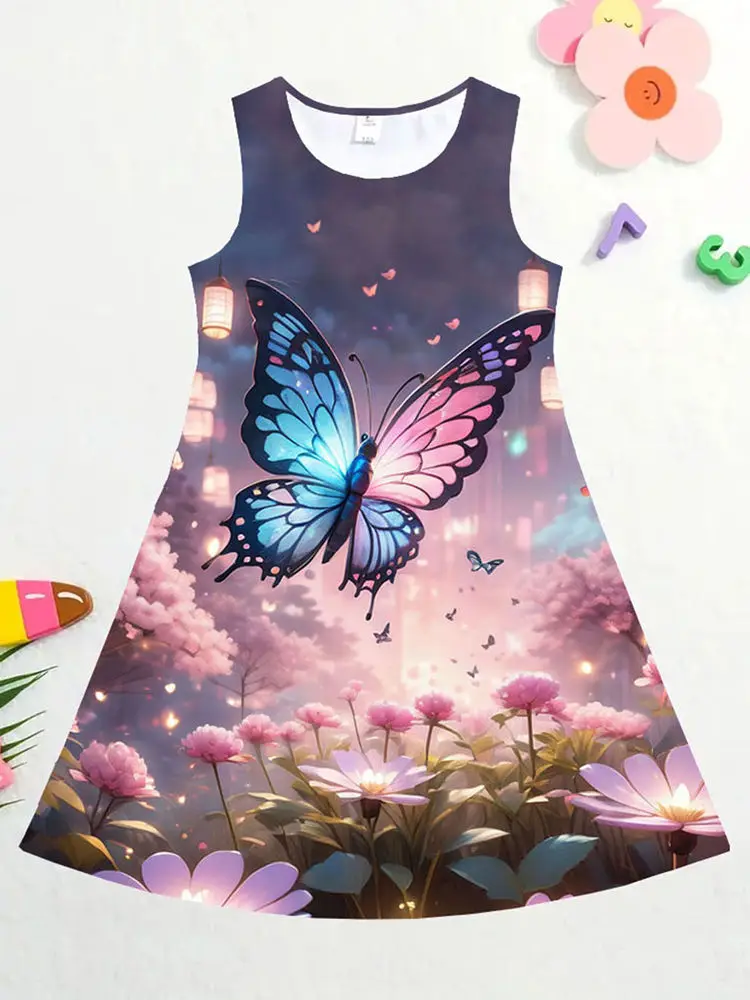 Summer Princess Dress For Girls 2024 Kids Clothes Sleeveless O-neck Butterfly Floral 3D Print Party Dresses 2 To 8 Years