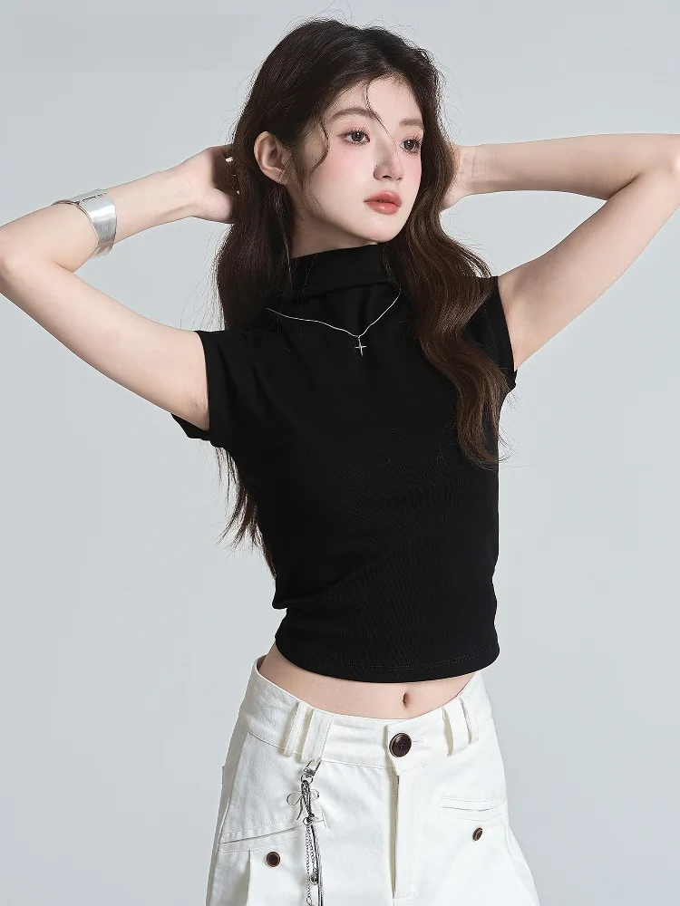 Bla Slim Fit T-irt Women's Stand Collar Ba Design Belt Sweet And Spicy Waist Cinching Top La Chapelle Casual Wear