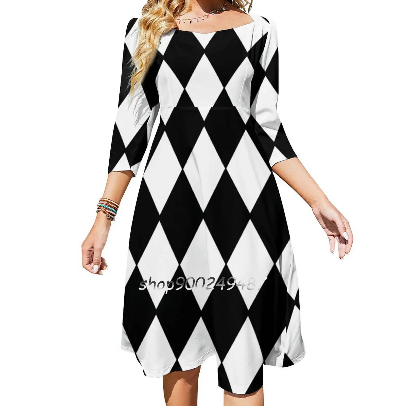 Black And White Contrast Pattern Square Neck Dress New Plus Size Elegant Women Waist Tight Dress Diamond Quin Check Checkers