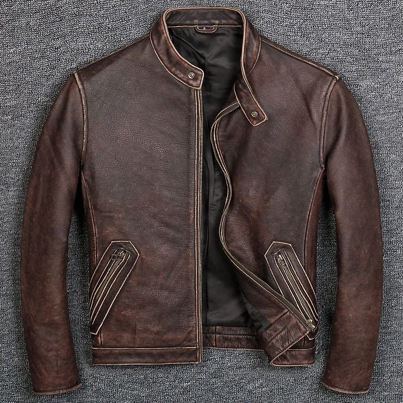 

Men Motorcycle Genuine Leather Vintage Sheepskin Coat Plus Size Chaqueta Cuero Hombre 1805