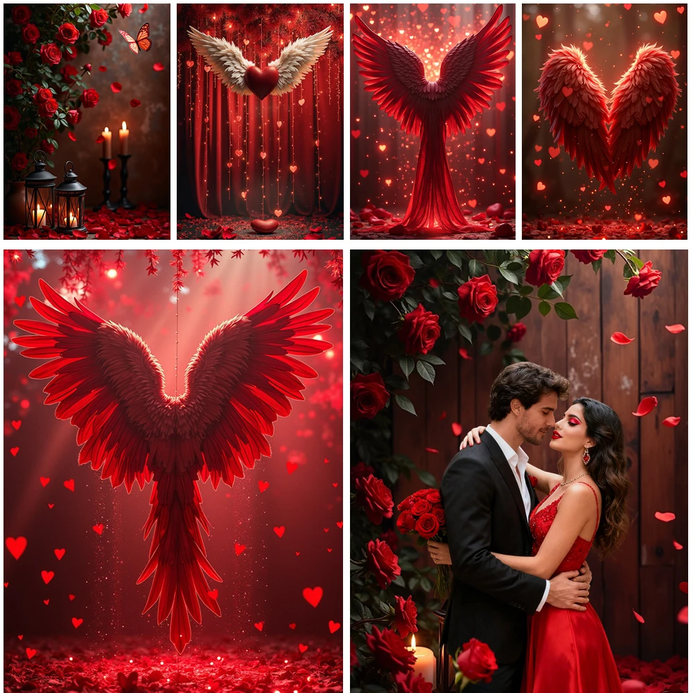 

MOON.QG Valentines Day February 14 Background Photo Angel Wings Rose Flowers Wooden Candle Backdrops For Photography Poster Wall
