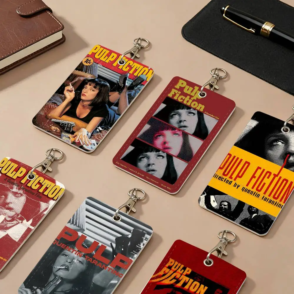 P-PULP Movie F-FICTION PU Leather Card Holders Anti-lost Student ID Protective Cover Cases Campus Access Cards Key Chain
