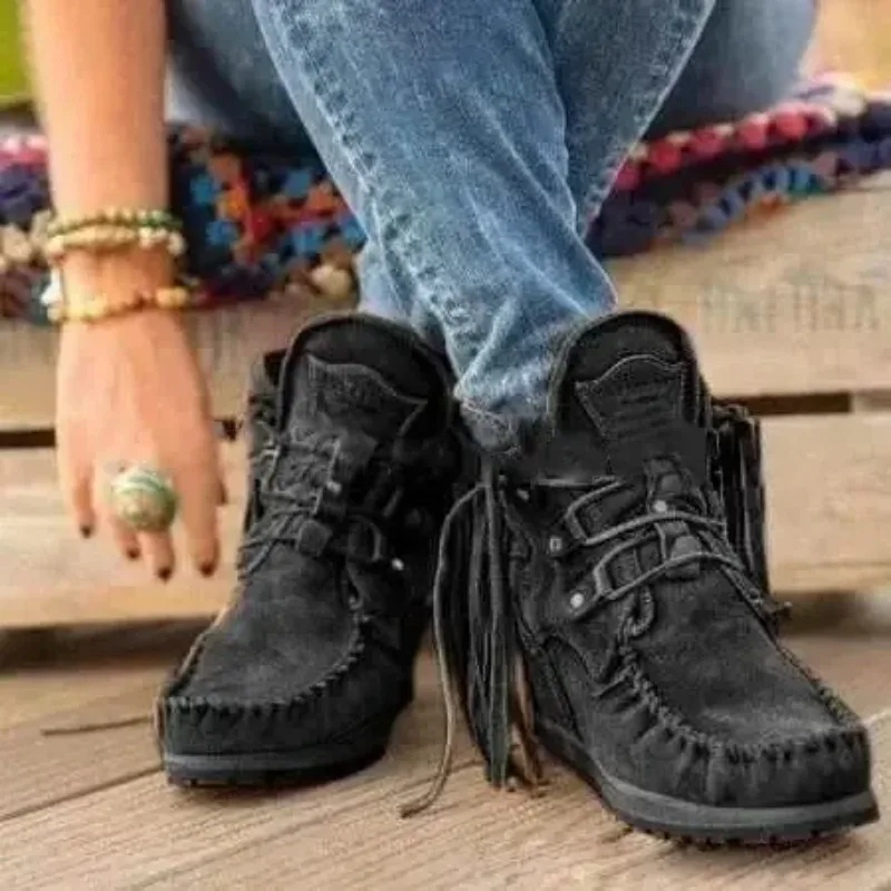 Vintage Tassel Lace-up Ankle Boots for Women Autumn Winter Pointed Toe Cowgirl Boots Woman Suede Western Cowboy Chelsea Boots