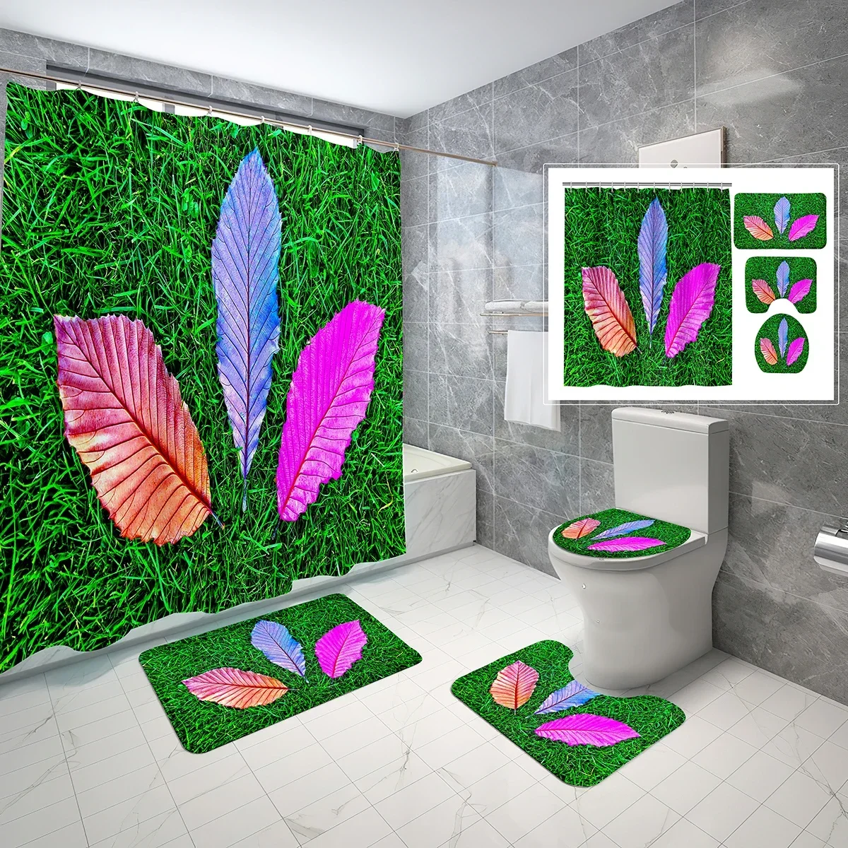 Botanical Shower Curtain Set Lawn Colorful Leaves 4 PCS Bathroom Non-Slip Bath Mat Toilet Cover Waterproof Shower Curtain Set
