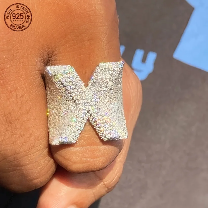 Fully Iced Out Initial X Diamond Letter Rings For Men Luxury 925 Sterling Silver Hip Hop Ring 5A Zircon Platinum Plated Jewelry