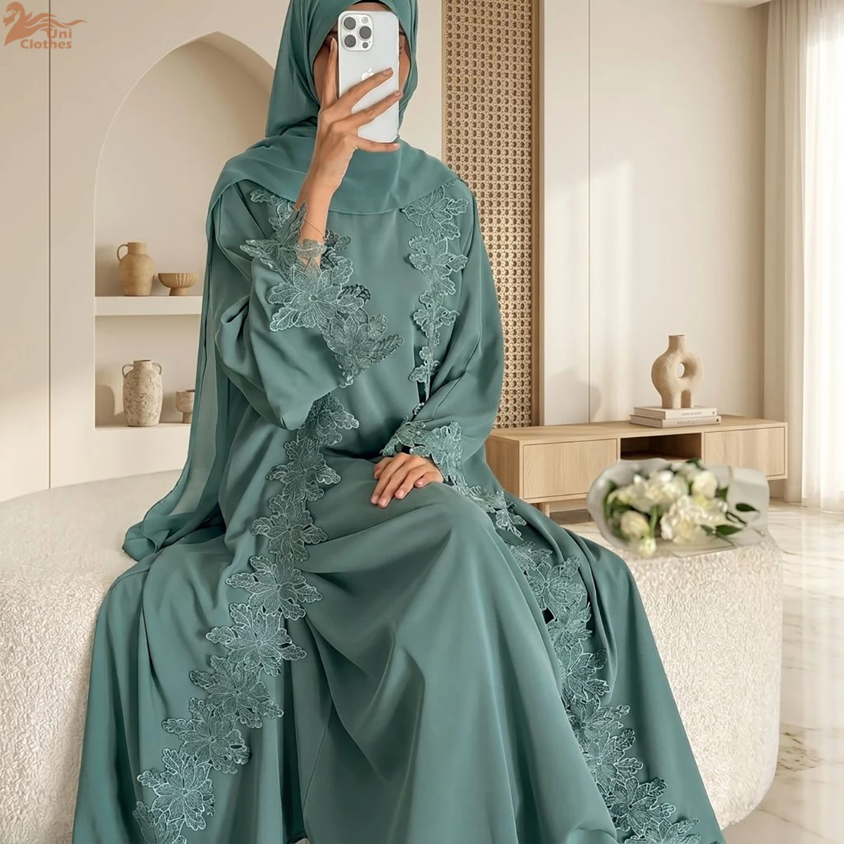

Zahraa New Abaya Nida Flower Lace Trim Abaya Isalmic Clothing Abaya Women Muslim Dress Dubai Abaya and Inner Dress 2 Piece Set