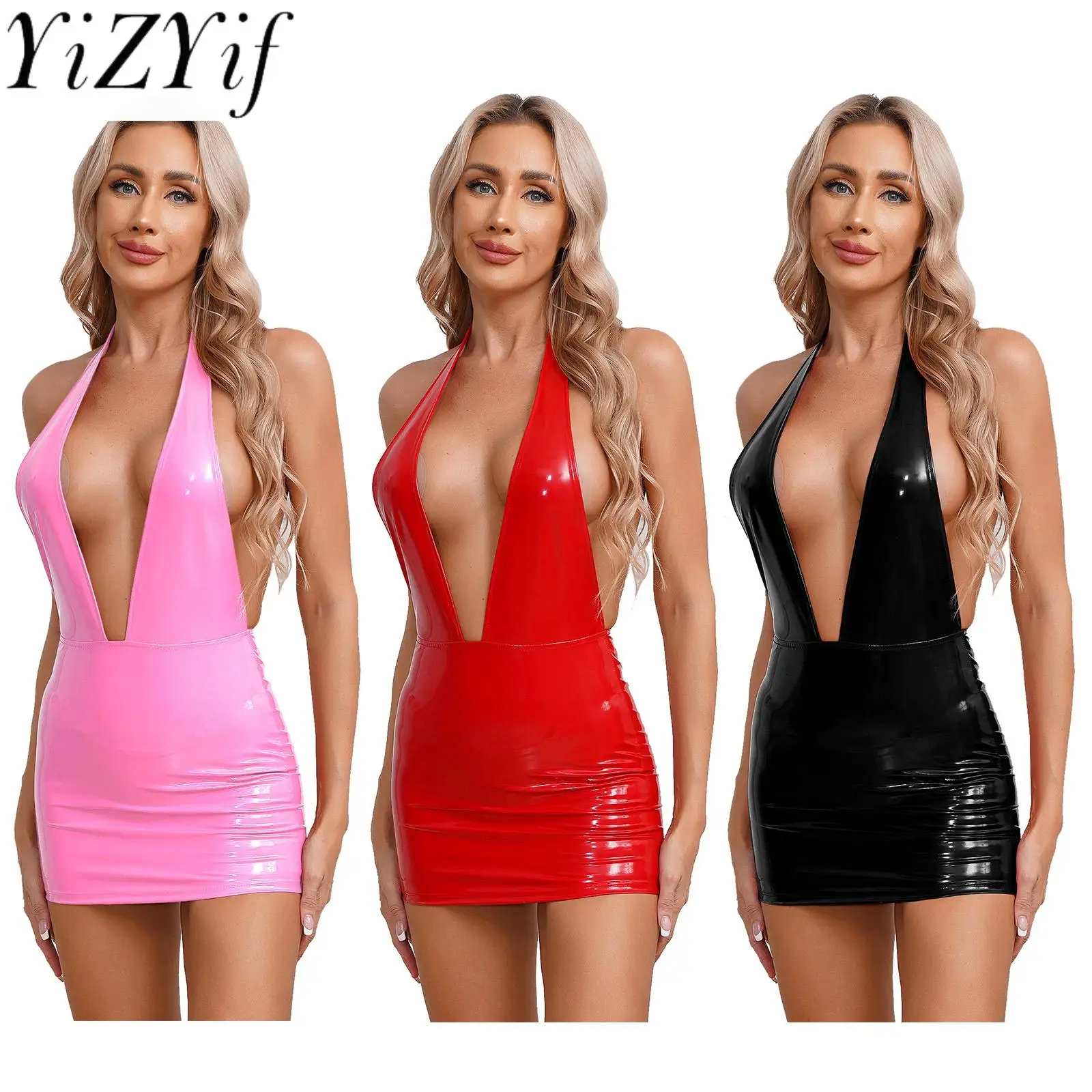 

Women V Neck Backless And Skinny Mini Skirt Dress for Rave Party Patent Leather Glossy Wet Look Dress with Back Zipper Closure