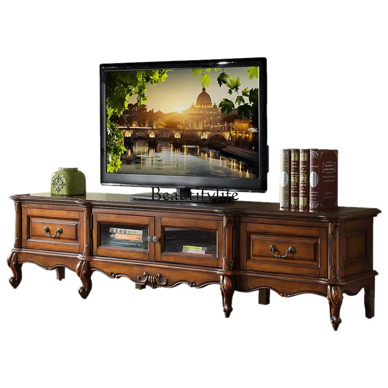 

pg46American solid wood TV with glass cabinet door European retro living room floor cabinet