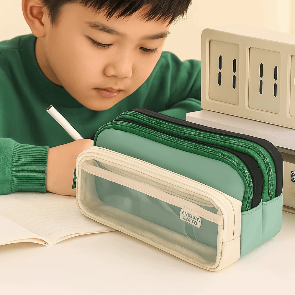 Japanese Style Pencil Bag Large Capacity Multi-layer Stationery Storage Bag Color Blocked Dirt Resistant Pen Pencil Case