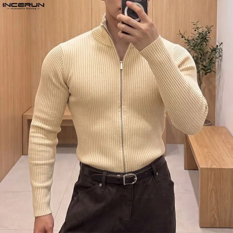 INCERUN Men's Cardigan Solid Color Zipper Long Sleeve Stand Collar Sweaters For Man Knitted Streetwear 2026 Fashion Men Clothes