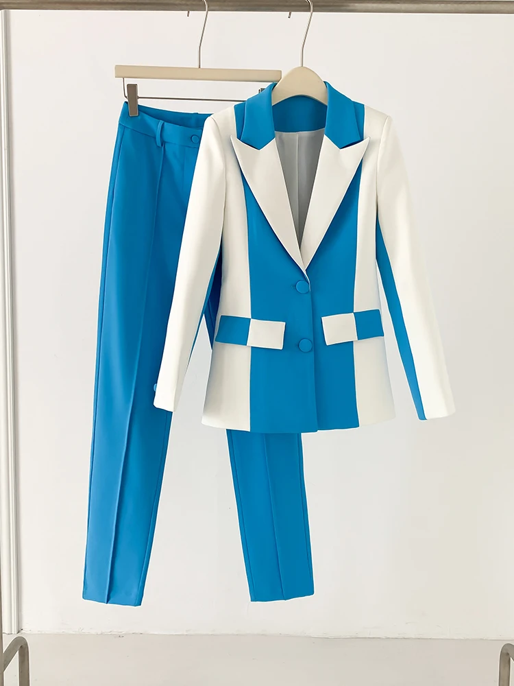 Blue White Pants Suit Women Slim Fit Pencil Pants+ Blazer Outfits Formal Business Coat Classic Suit Jacket Two Piece Sets 2023