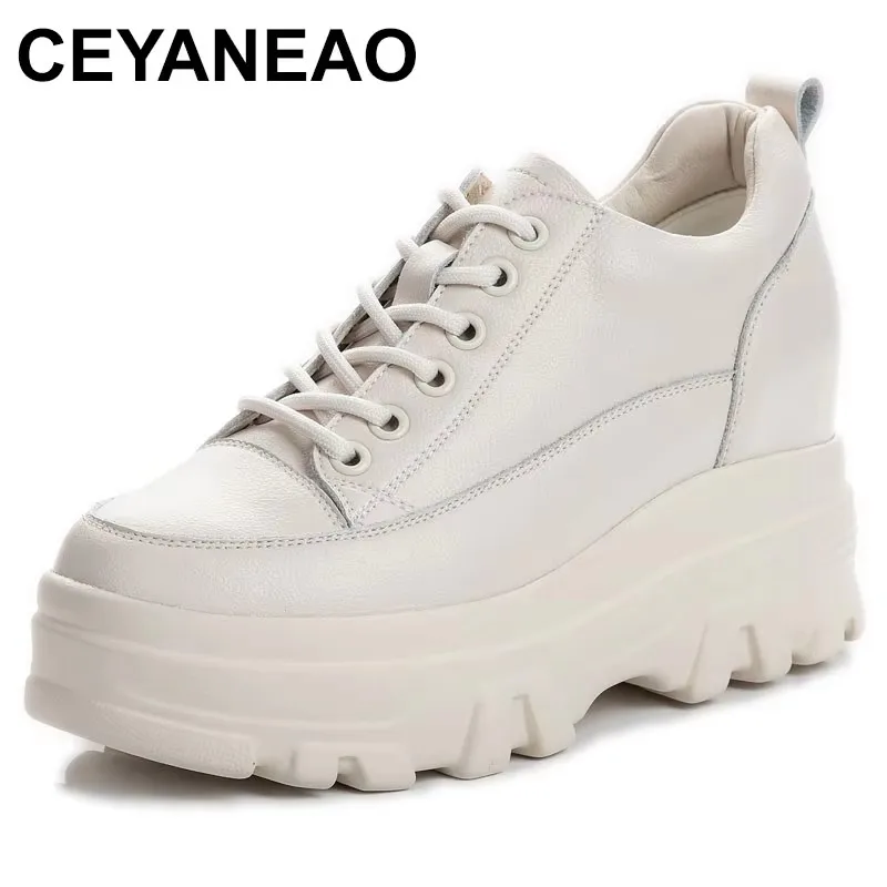 

2025 Women Genuine Leather Shoes Platform Wedge Sneakers Chunky Shoes Hidden Heel 8CM White Beige Women Casual Shoes Spring