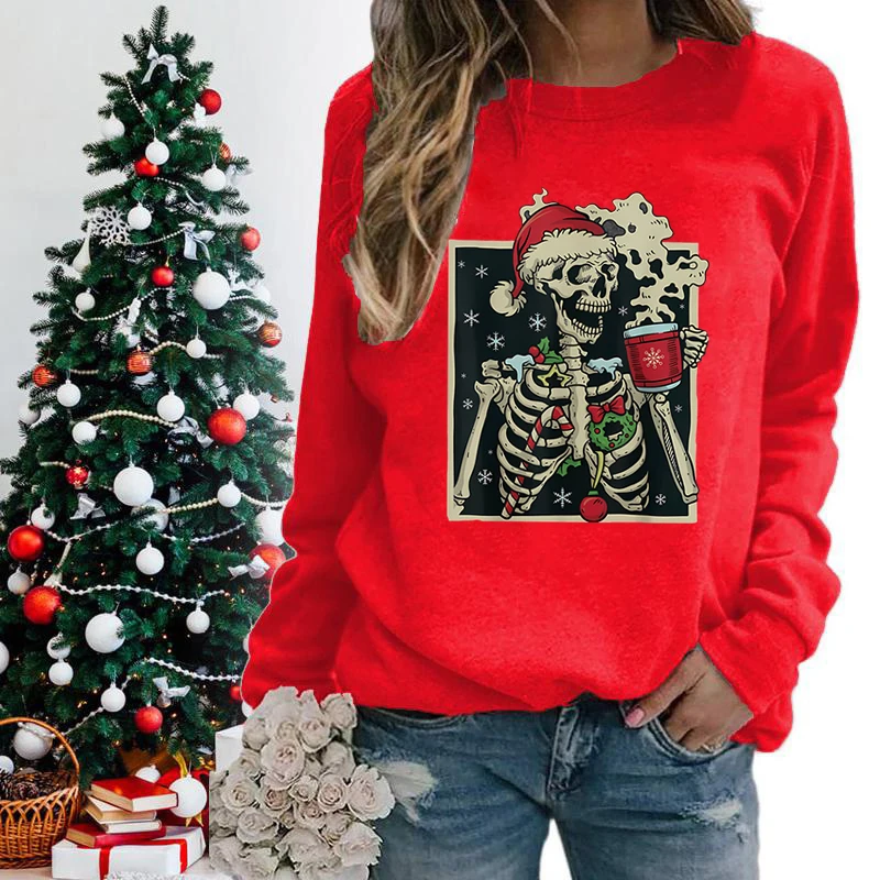 Funny Christmas Skeleton Print Sweatshirt For Women Fashion Christmas Coffee Casual Crew Neck Graphic Sarcastic Sweatshirt