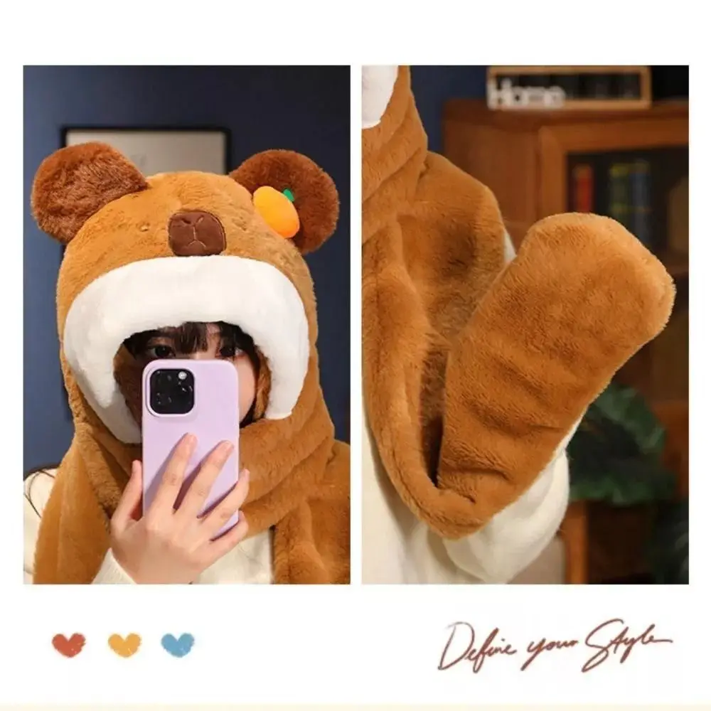 Casual 3in 1 Hat Scarf Gloves Set Thickened Winter Warm Capybara Beanie Cap Ear Protection Plush Cartoon Neck Hat