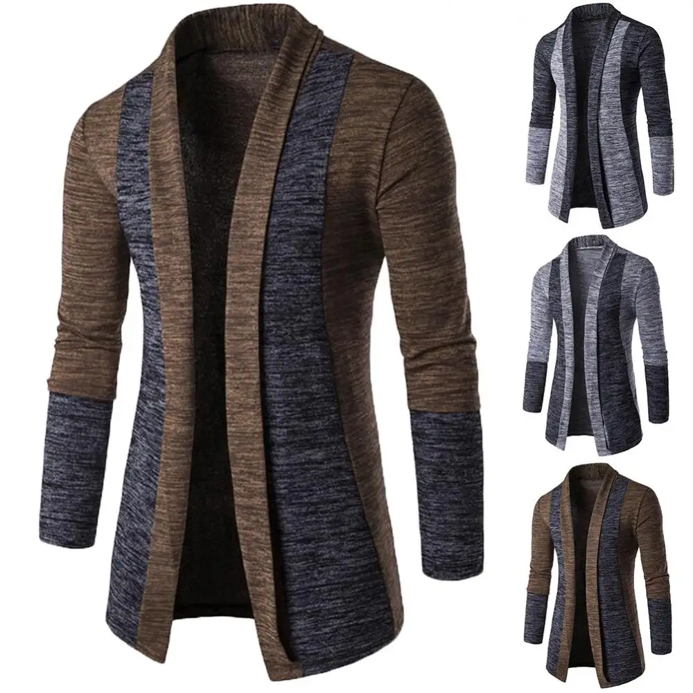 Knitted Cardigan Men Slim Fit Coat Long Sleeve Patchwork Sweater Retro Outwear