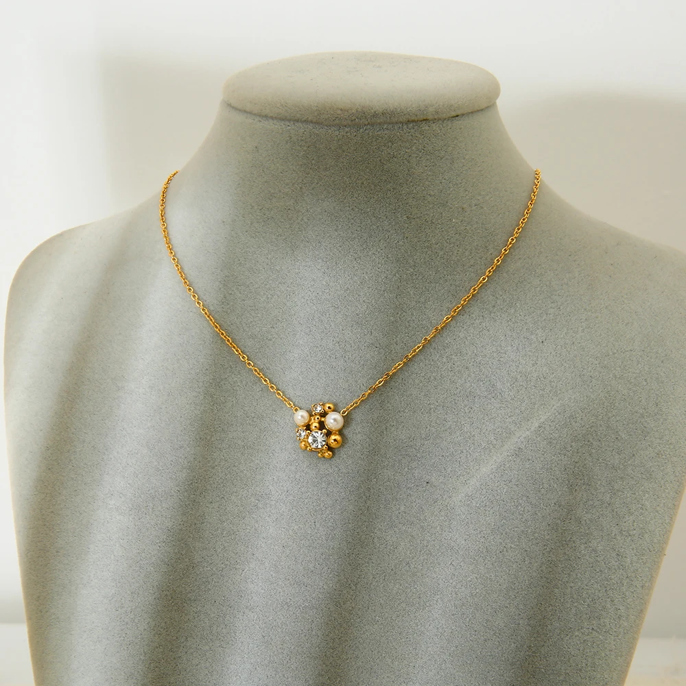 Minimalist Rhinestones Pearl Flower Stud Earrings Stainless Steel 18K Gold Plated Flower Pendant Necklace for Women Gift