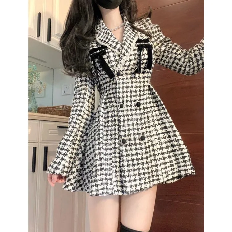 Vintage Houndstooth Blazer Dresses Y2k Slim Waist Long Sleeve Vestidos De Mujer 2024 Early Autumn New Dress for Women