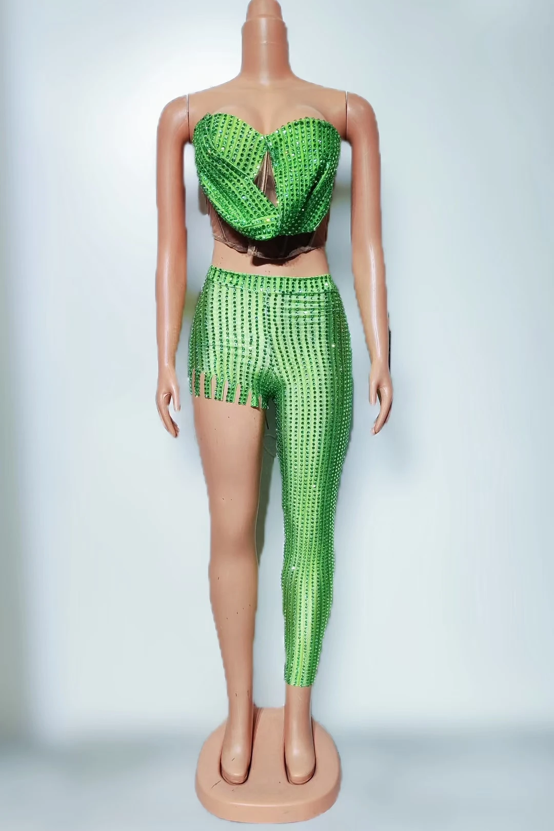 

Qigailv женский сексуальный наряд для вечеринки в ночном клубе, танцевальный костюм, сценическая одежда, блестящие зеленые топы со стразами, брюки, комплект из 2 предметов