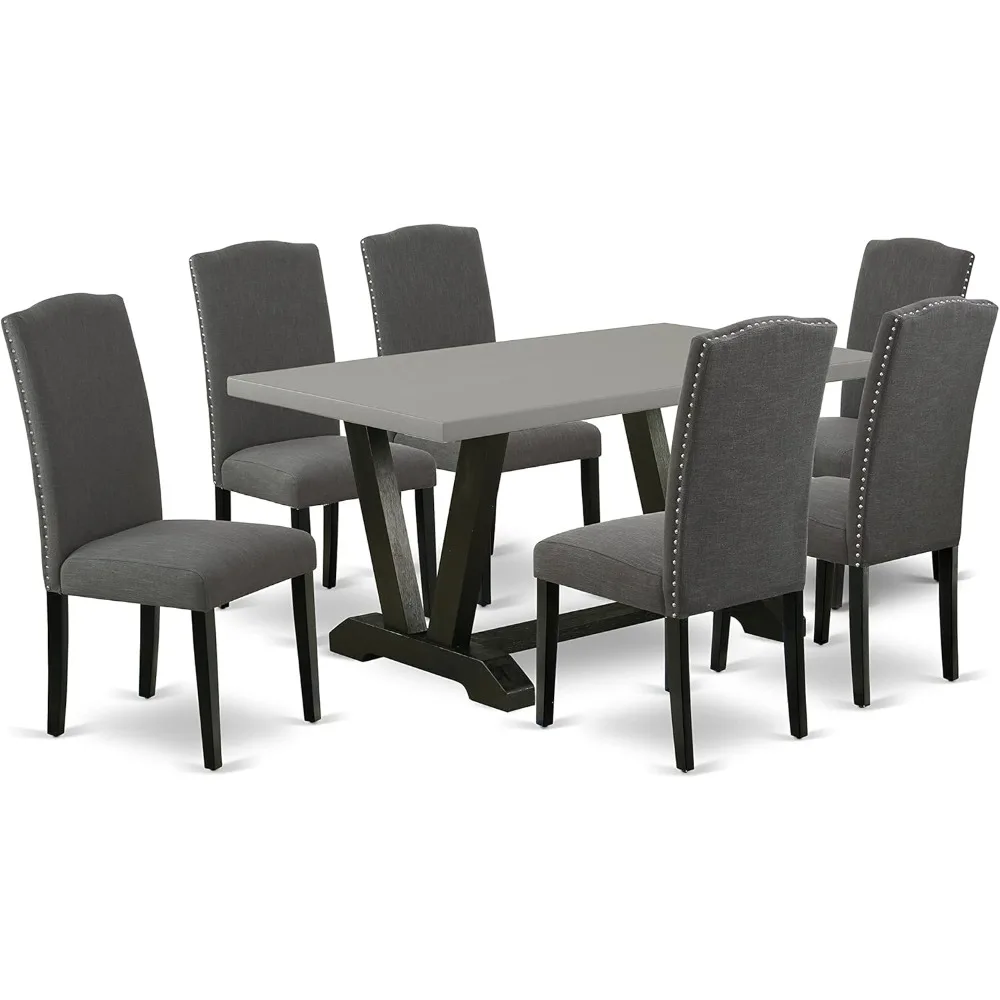 V-Style 7 Piece Room Set Consist of a Rectangle Kitchen Table with V-Legs and 6 Dark Gotham Linen Fabric Parson Dining Chairs,