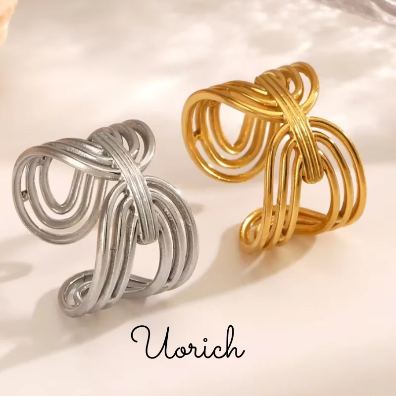 Uorich Simple Fashion Geometric Stainless Steel Hollow Out Line Opening Ring for Women Non-fading Jewelry Party Gift Daily Wear