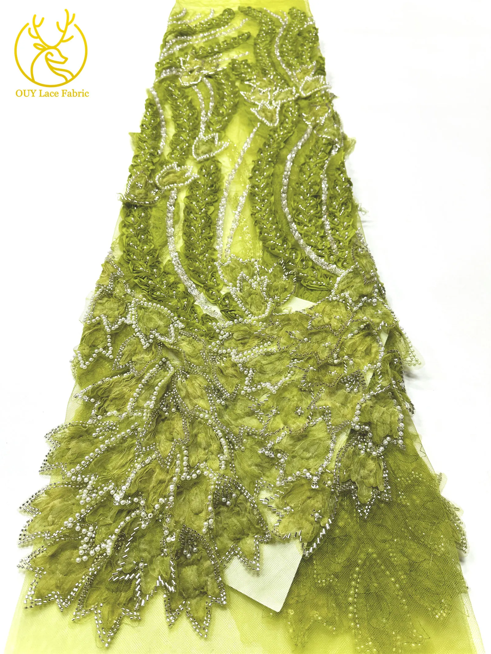 Französischer Luxus 3D-bestickter Perlen-Spitzenstoff, 5 Yards, eleganter afrikanischer nigerianischer Pailletten-Spitzenstoff für Damen, Hochzeits- und Partykleid – Detail 11