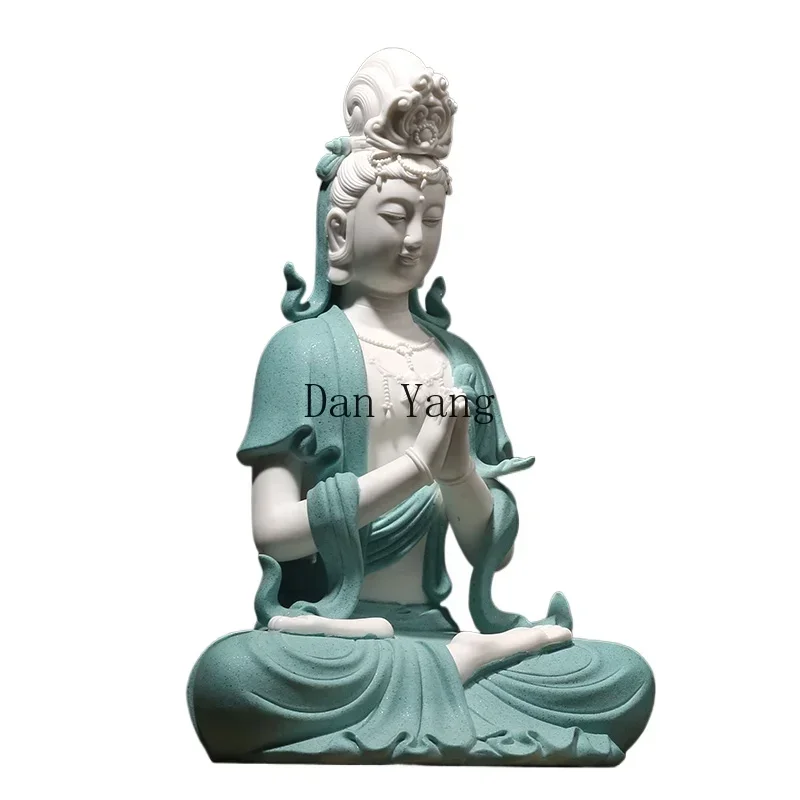 YJ white porcelain Guanyin Bodhisattva clasped his palms to bless the Buddha statue, offering cross-legged decorations,