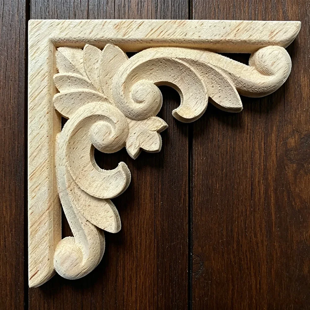 6-15cm Crown Wooden Detal Strip Figurines Crafts Natural Floral Unpainted Wood Carved Corner Appliques Wall Door Furniture Decor