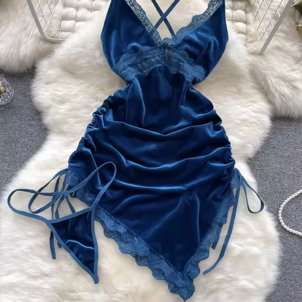 Hot V-neck Sexy Golden velvet Hollowed Lace Backless Lingerie Tie Up Waist Cinched Sleeping Dress Women Pure Slim Cosplay Dress