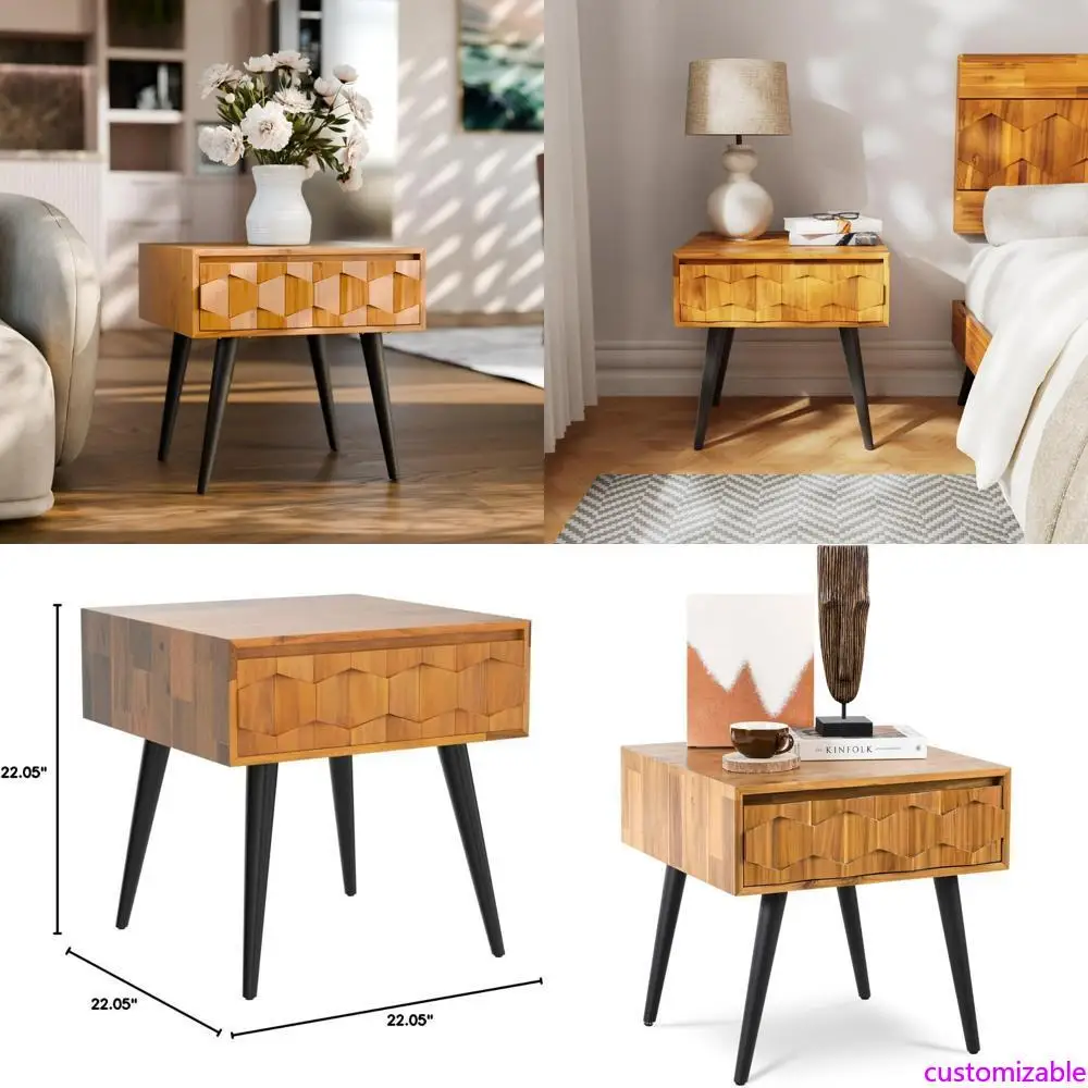 

Современные тумбочки из цельного дерева середины века в деревенском стиле с ящиками — полностью собранные прикроватные тумбочки с геометрическим узором