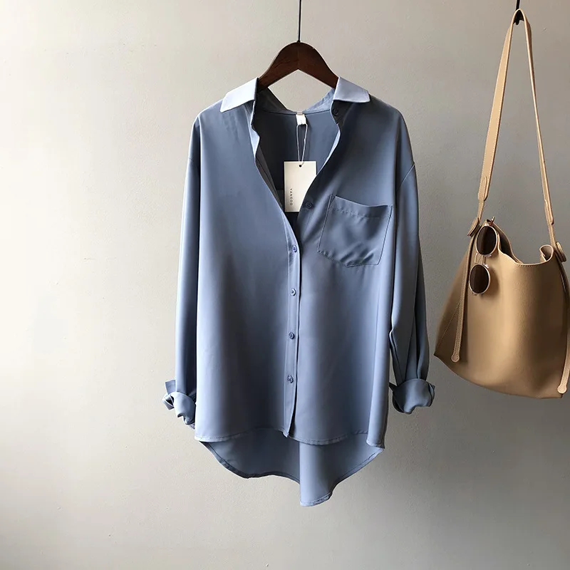 Autumn New Korean Style Chic Solid Color Minimalist Temperament Long Sleeved Lapel Shirt for Women Casual Blouse