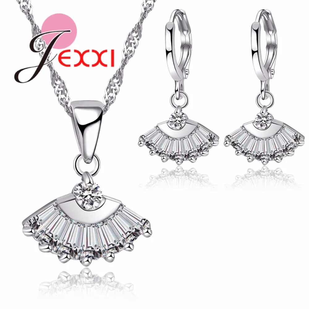 

Fan Shape Crystal Bridal Jewelry Sets 925 Sterling Silver Color Color Pendant Necklace Earrings Wedding Jewelry Set for Women