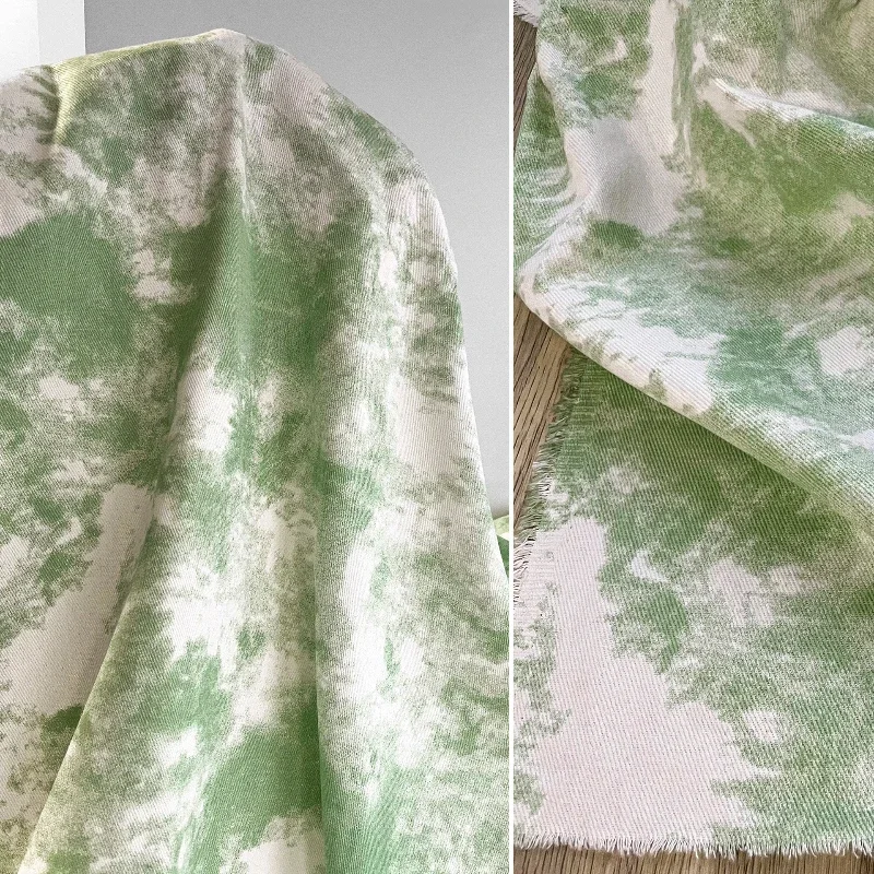 Light Green Ink Dyed Denim Print  Cotton Fabric Tie Dyed Jacquard Retro Jacket  Skirt  Clothing Designer Fabric