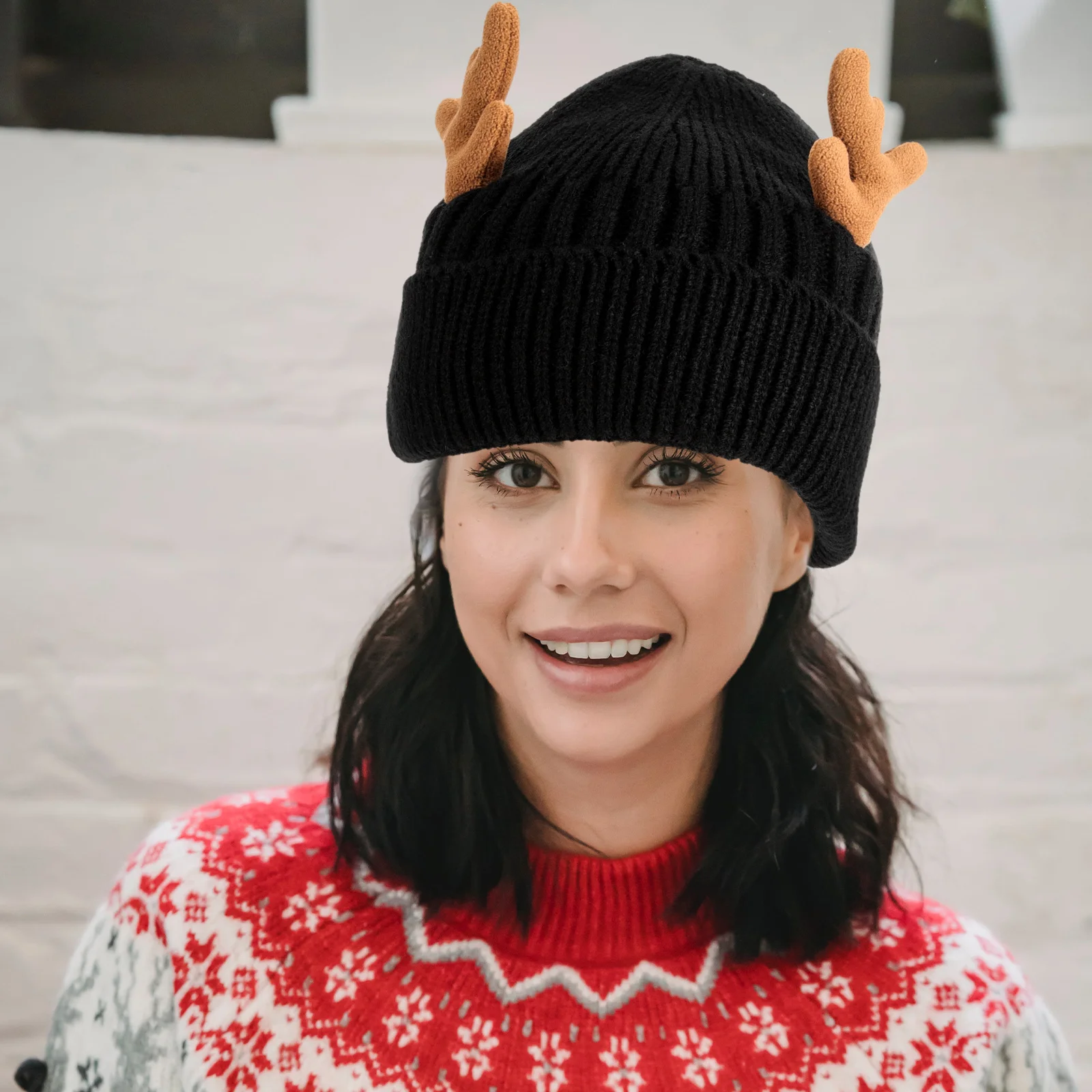 Antler topi kupluk rajut tanduk Natal, topi wol tudung rajut hangat hadiah