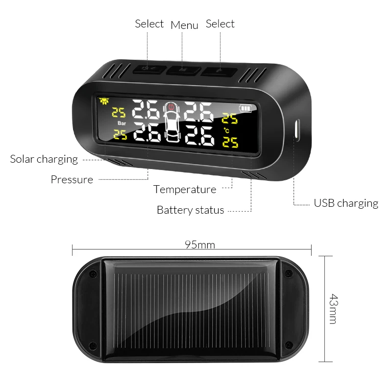 E-ACE Solar TPMS Car Tire Pressure Alarm Monitor System Security Alarm  Display Intelligent Temperature Internal/External Sensor